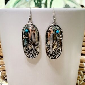 Western Silver And Turquoise Oval Cactus Earrings New